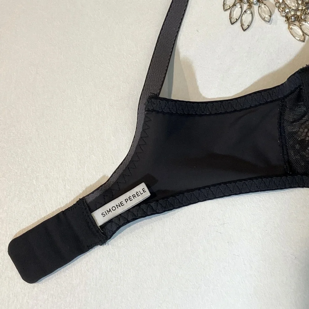Simone Perele Paris Plunge Bra Black Scalloped Floral Lace Made in France 34B - Picture 10 of 12